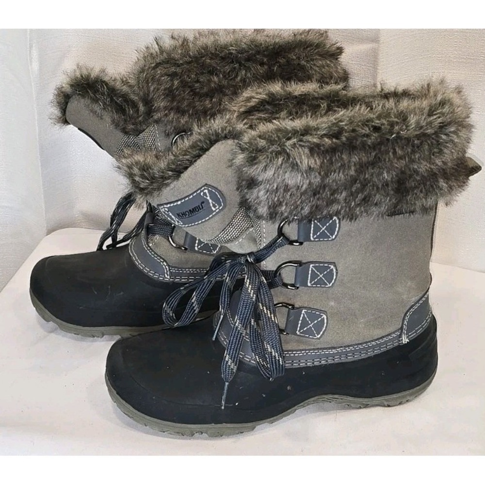 Khombu Womens Grey Faux Fur Trim Winter Snow Boots Lace Up Size 7